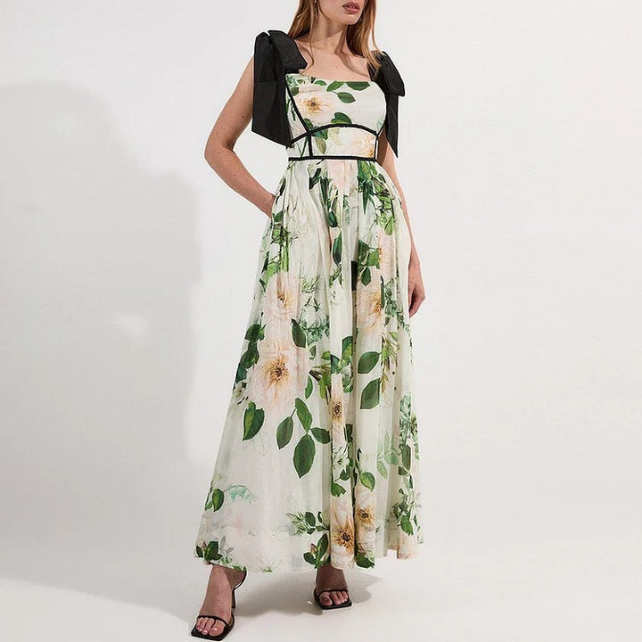 Peony Printed Double Shoulder Straps One Piece Swimsuit and Skirt