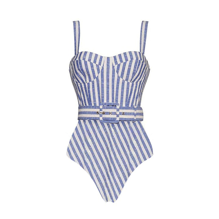 Sling Blue Classic Striped Print One Piece Swimsuit and Skirt