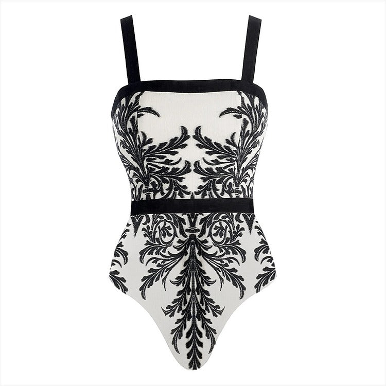 Black Ferns Pattern Printed One Piece Swimsuit and Skirt