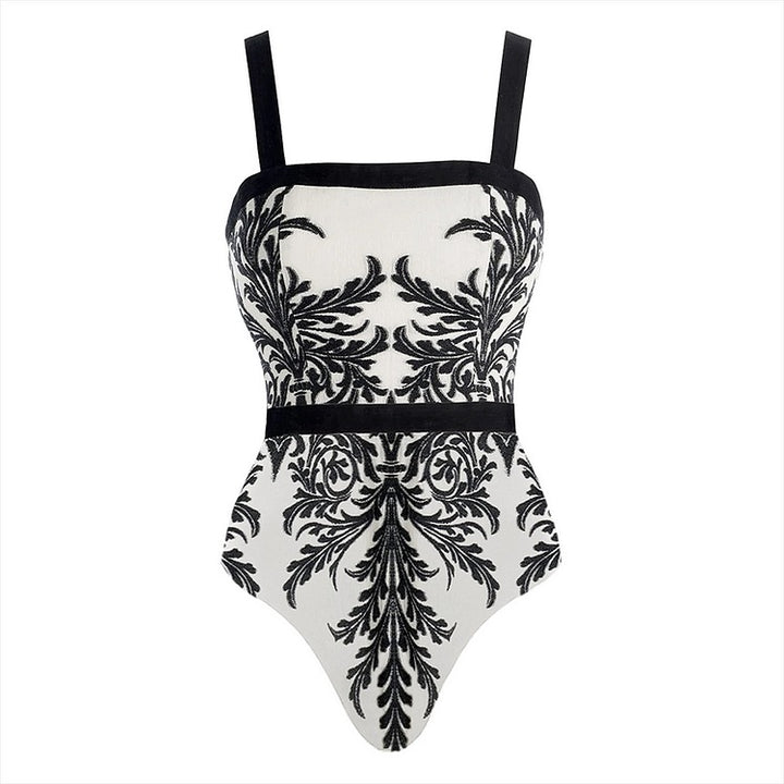 Black Ferns Pattern Printed One Piece Swimsuit and Skirt