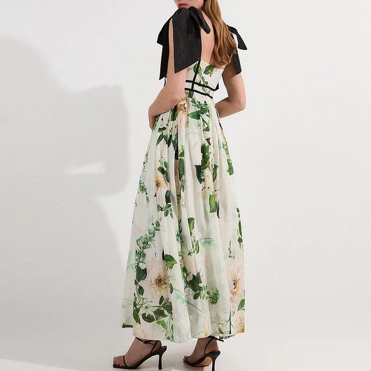 Peony Printed Double Shoulder Straps One Piece Swimsuit and Skirt