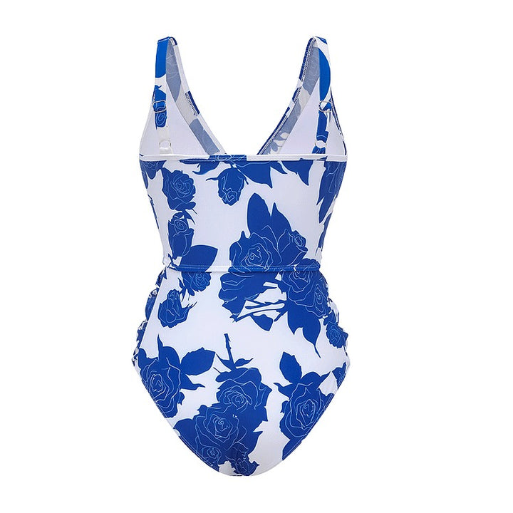V Neck Mesh Splicing Side Cut Out Printed One Piece Swimsuit and Sarong