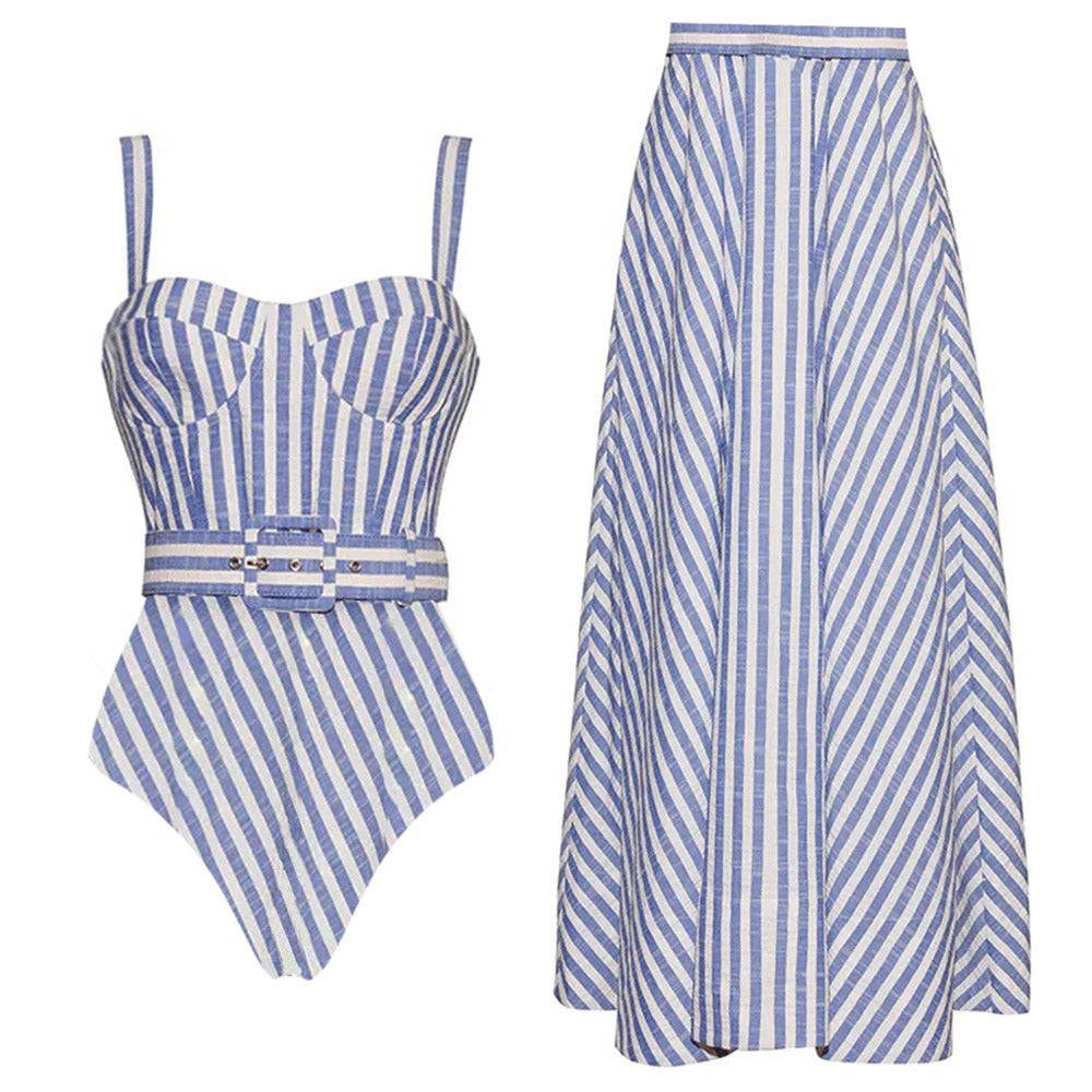 Sling Blue Classic Striped Print One Piece Swimsuit and Skirt