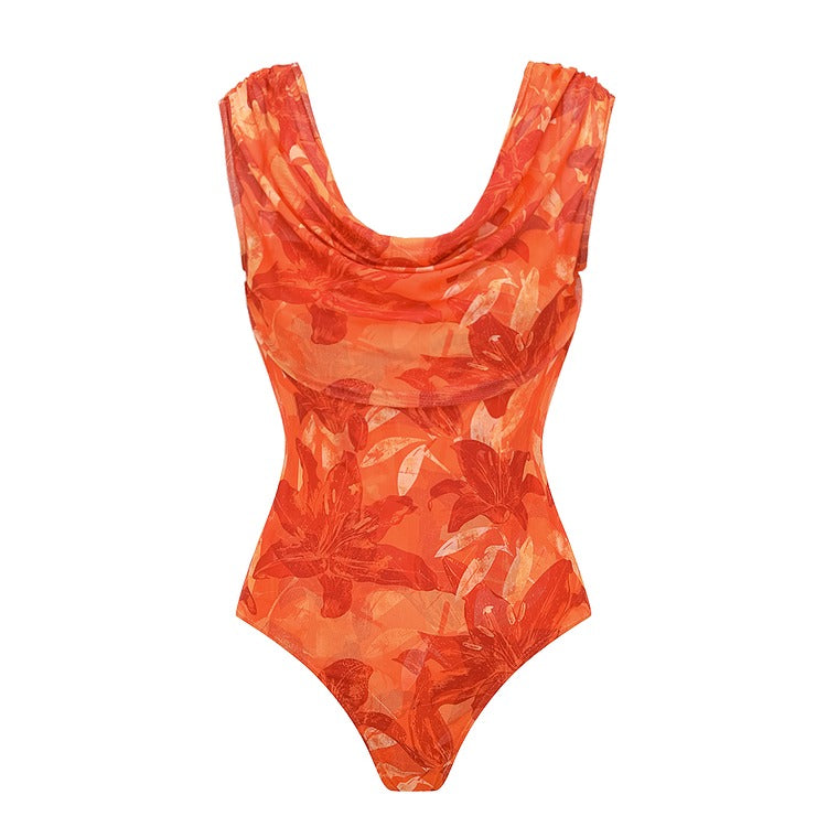Orange Lily Print One Piece Swimsuit and Sarong (Multiple ways to wear)