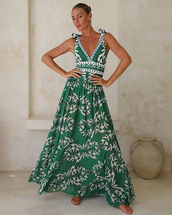 Green Butterfly Strap V-Neck One-Piece Swimsuit&Long Skirt