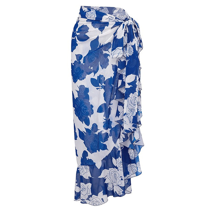 Sling Ruffle Blue Printed One Piece Swimsuit and Sarong