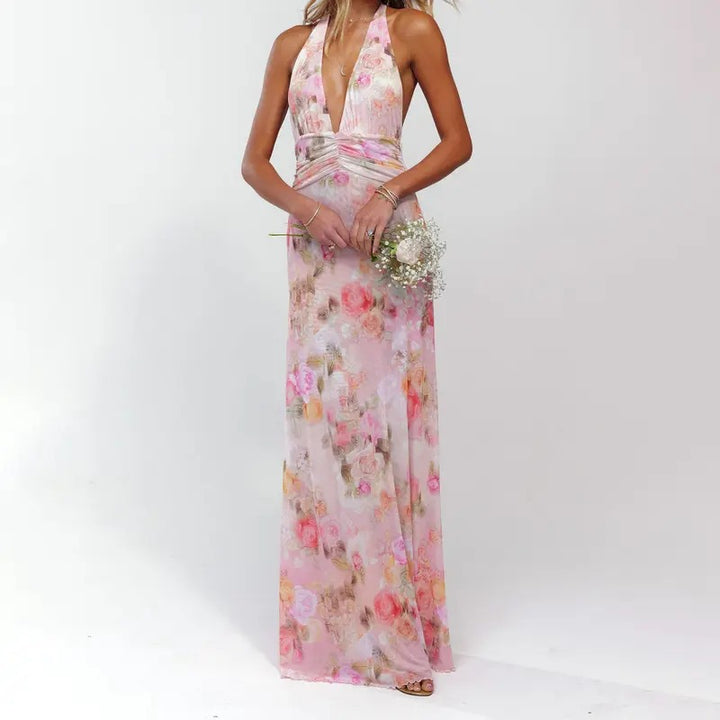 Women Long Dress, Sleeveless Halter Dress Backless Flower/Dots Print Summer Cocktail Dress Casual Light sundress Cotton Candy Outfit Beach Outfits