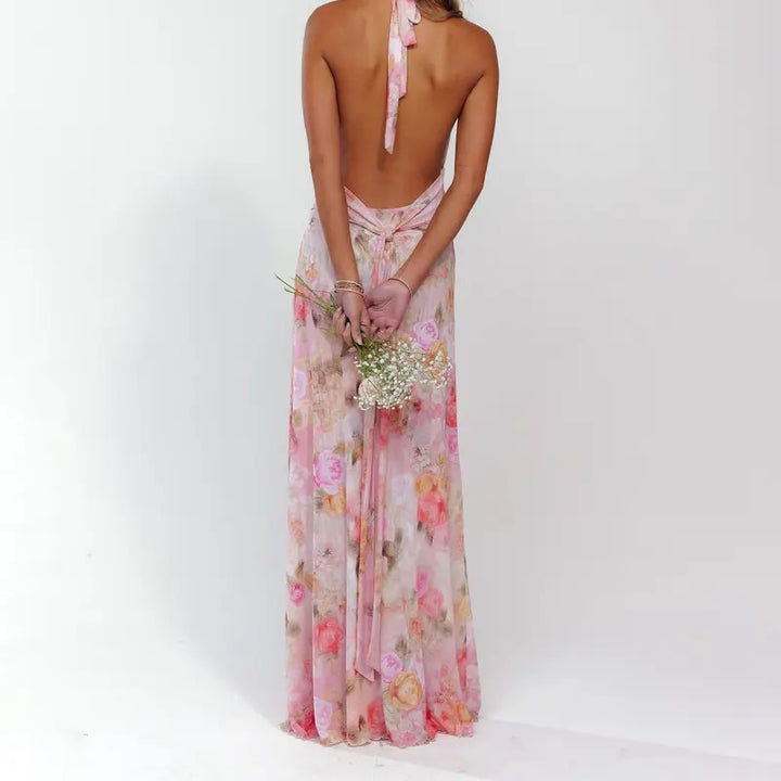 Women Long Dress, Sleeveless Halter Dress Backless Flower/Dots Print Summer Cocktail Dress Casual Light sundress Cotton Candy Outfit Beach Outfits