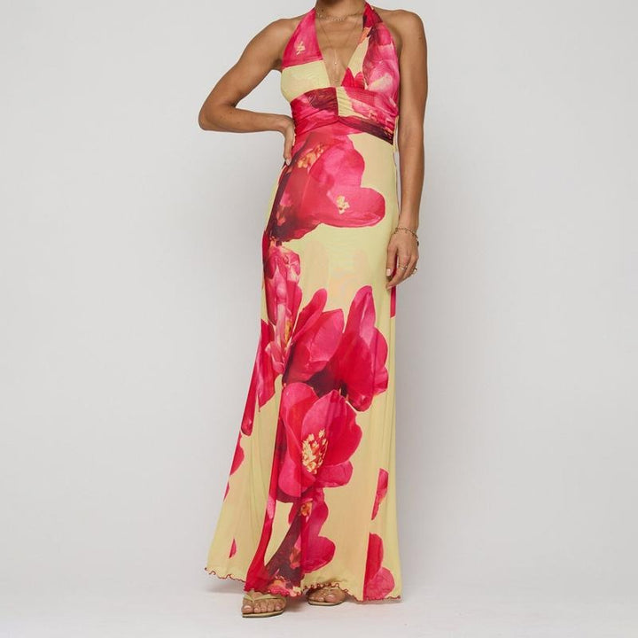Women Long Dress, Sleeveless Halter Dress Backless Flower/Dots Print Summer Cocktail Dress Casual Light sundress Cotton Candy Outfit Beach Outfits