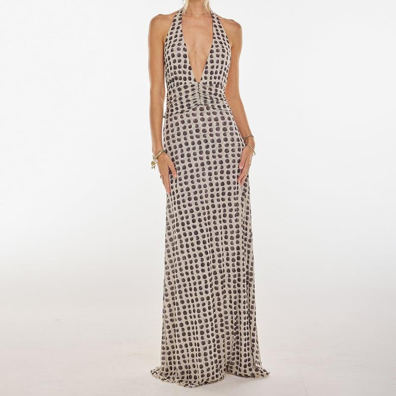Women Long Dress, Sleeveless Halter Dress Backless Flower/Dots Print Summer Cocktail Dress Casual Light sundress Cotton Candy Outfit Beach Outfits