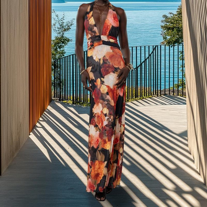 Women Long Dress, Sleeveless Halter Dress Backless Flower/Dots Print Summer Cocktail Dress Casual Light sundress Cotton Candy Outfit Beach Outfits