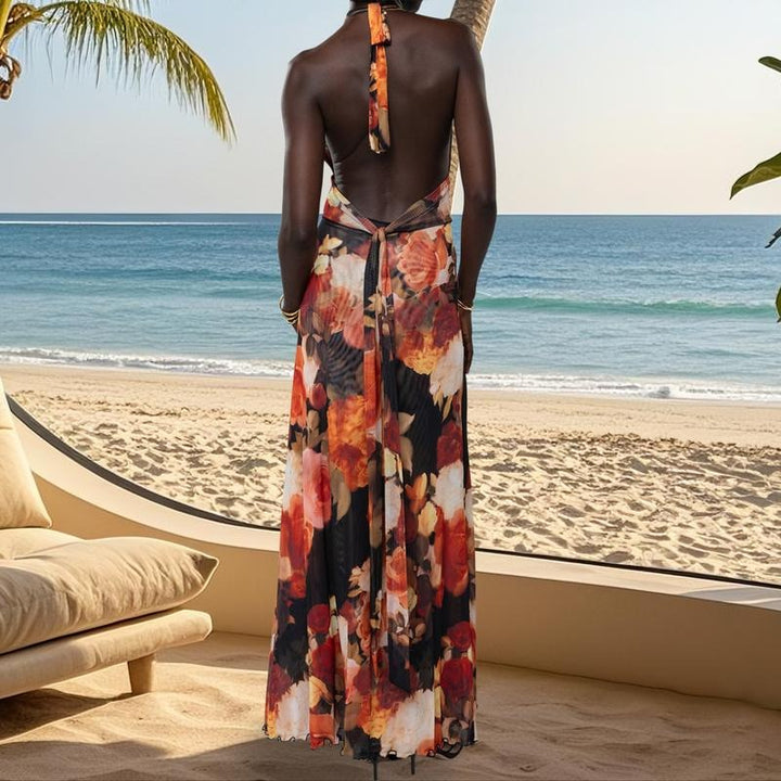 Women Long Dress, Sleeveless Halter Dress Backless Flower/Dots Print Summer Cocktail Dress Casual Light sundress Cotton Candy Outfit Beach Outfits