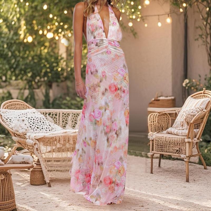 Women Long Dress, Sleeveless Halter Dress Backless Flower/Dots Print Summer Cocktail Dress Casual Light sundress Cotton Candy Outfit Beach Outfits