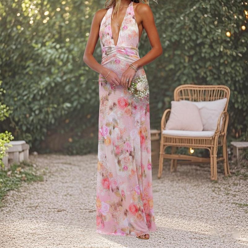 Women Long Dress, Sleeveless Halter Dress Backless Flower/Dots Print Summer Cocktail Dress Casual Light sundress Cotton Candy Outfit Beach Outfits