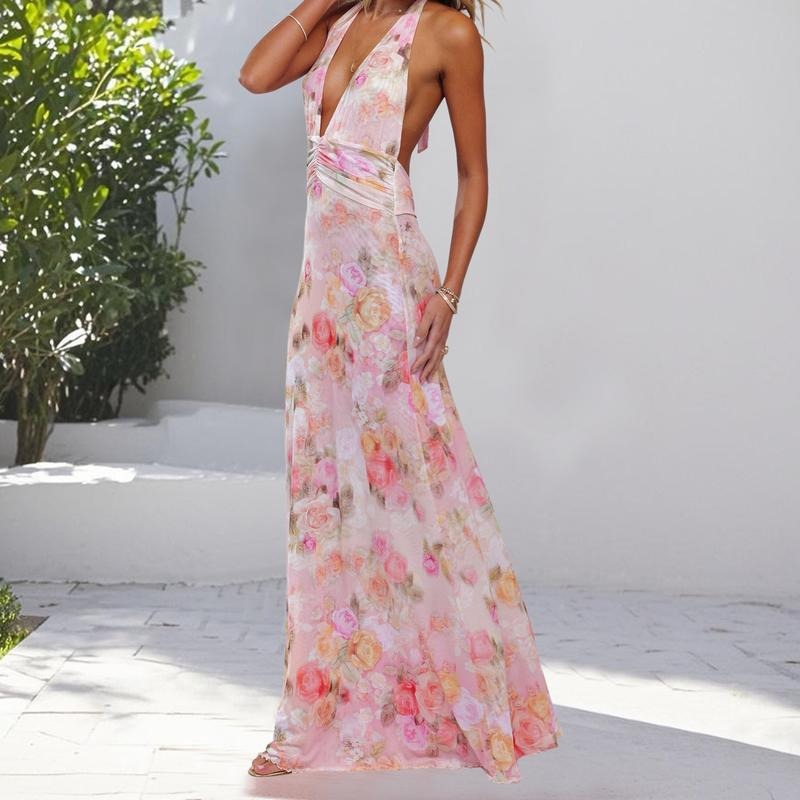 Women Long Dress, Sleeveless Halter Dress Backless Flower/Dots Print Summer Cocktail Dress Casual Light sundress Cotton Candy Outfit Beach Outfits