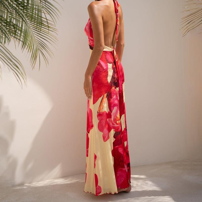 Women Long Dress, Sleeveless Halter Dress Backless Flower/Dots Print Summer Cocktail Dress Casual Light sundress Cotton Candy Outfit Beach Outfits