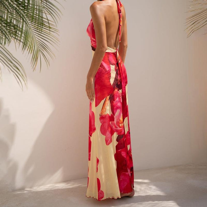 Women Long Dress, Sleeveless Halter Dress Backless Flower/Dots Print Summer Cocktail Dress Casual Light sundress Cotton Candy Outfit Beach Outfits