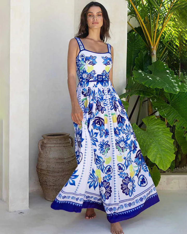 Lemon Floral Print One-Piece Swimsuit & Long Skirt