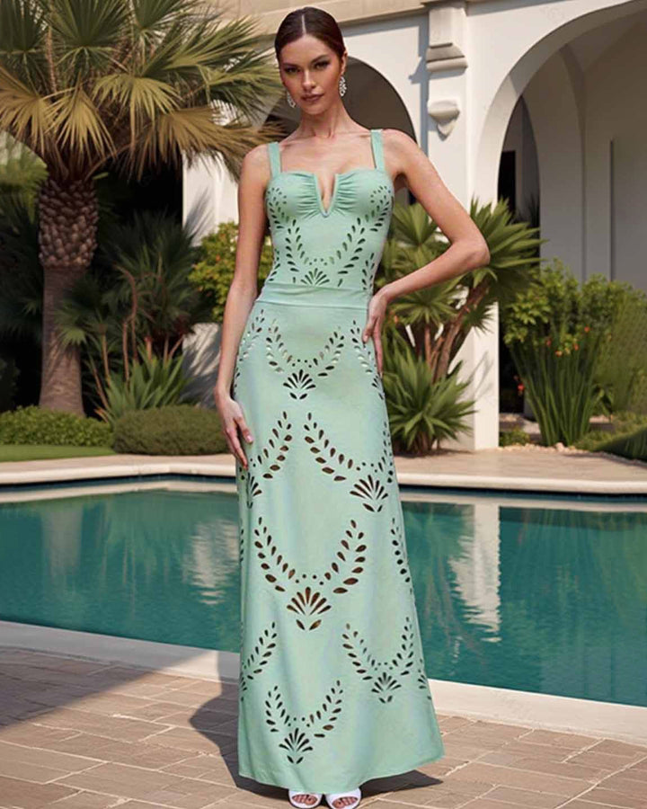 Mint Green V-Neck Cutout One Piece Swimsuit&Long Skirt