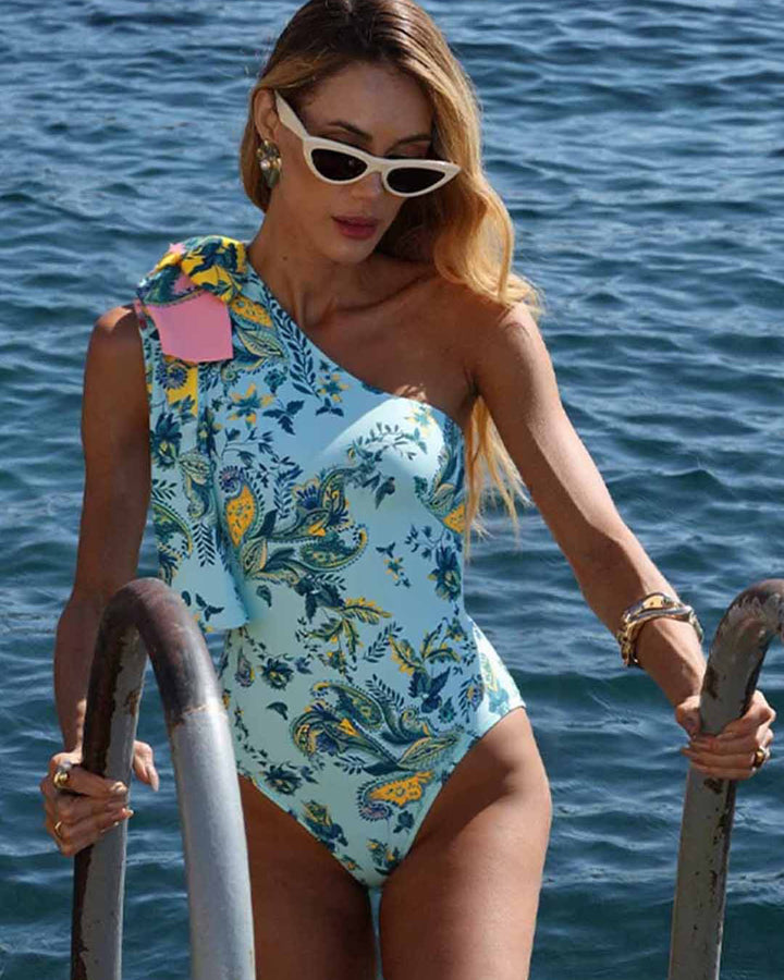 Color-Blocked Blue And White Cloud Print One-Piece Swimsuit&Long Skirt