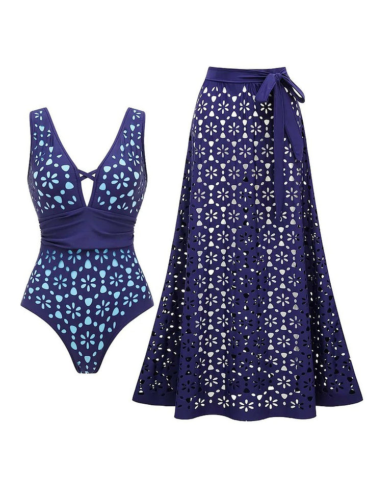 Blue Hollow Out One Piece Swimsuit and Skirt