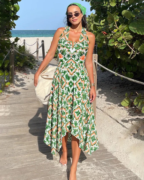 Mesh Halter Straps Printed One Piece Swimsuit and Skirt