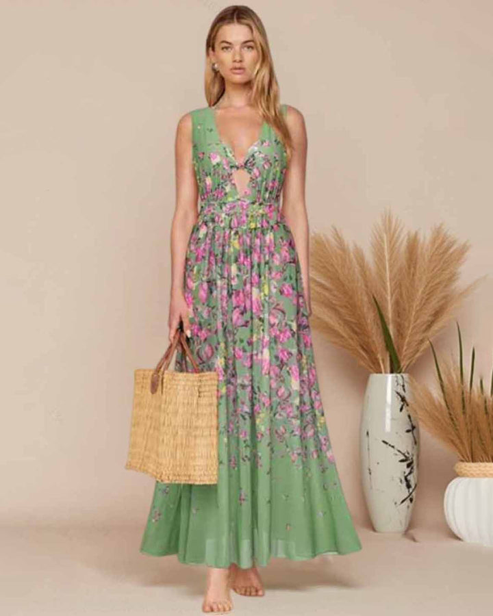 Green Floral One Piece Swimsuit&Long Skirt&Bra