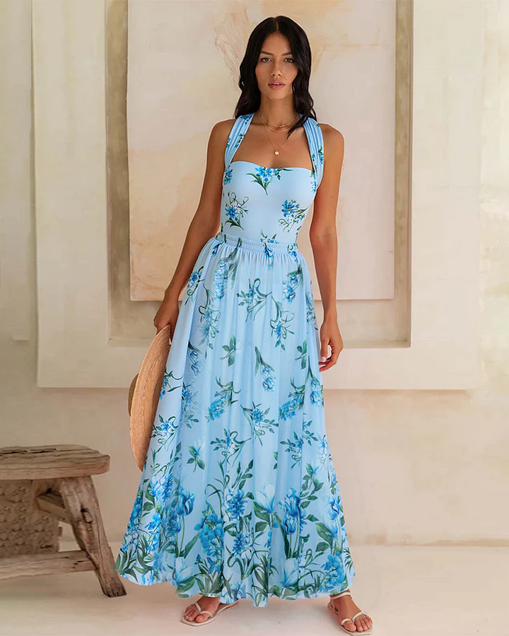 Bowknot Floral Printed One Piece Swimsuit and Skirt (Two Ways to Wear)