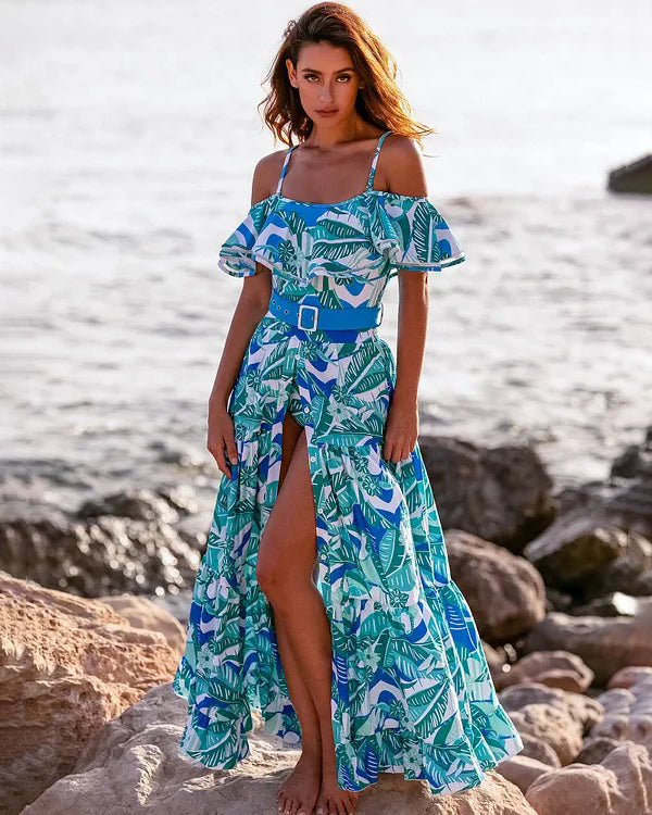 Off Shoulder Ruffled Printed One Piece Swimsuit and Skirt