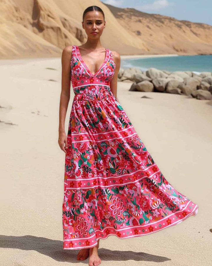 Pink Florals Printed V Neck One-Piece Swimsuit Set