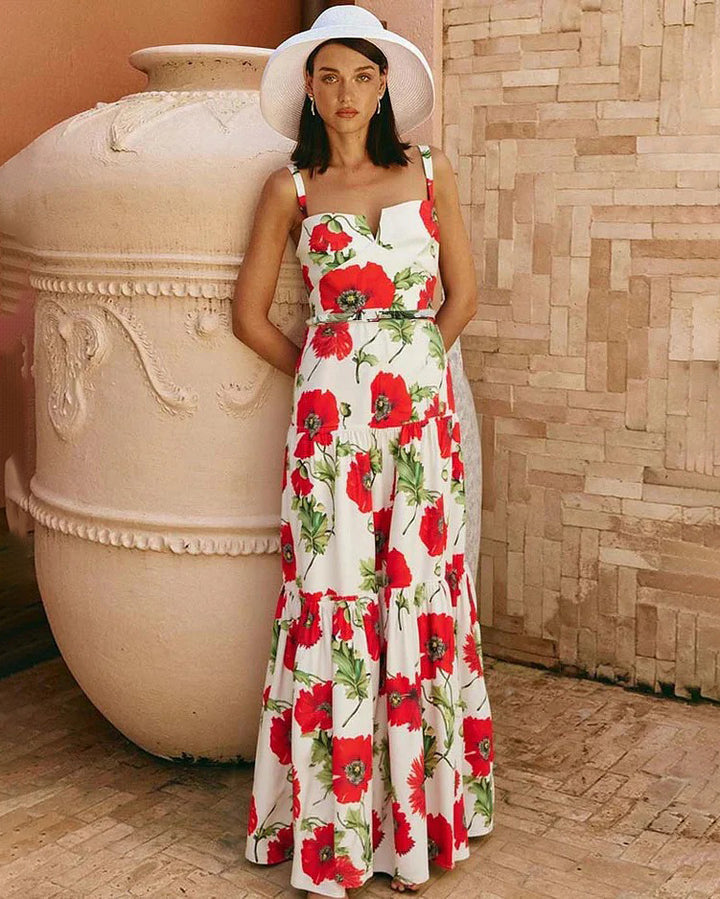 Poppy Flower Printed One Piece Swimsuit and Skirt