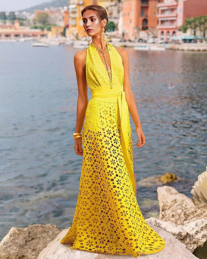 Yellow Color Laser Cutting Flower Hollow One Piece Swimsuit and Skirt
