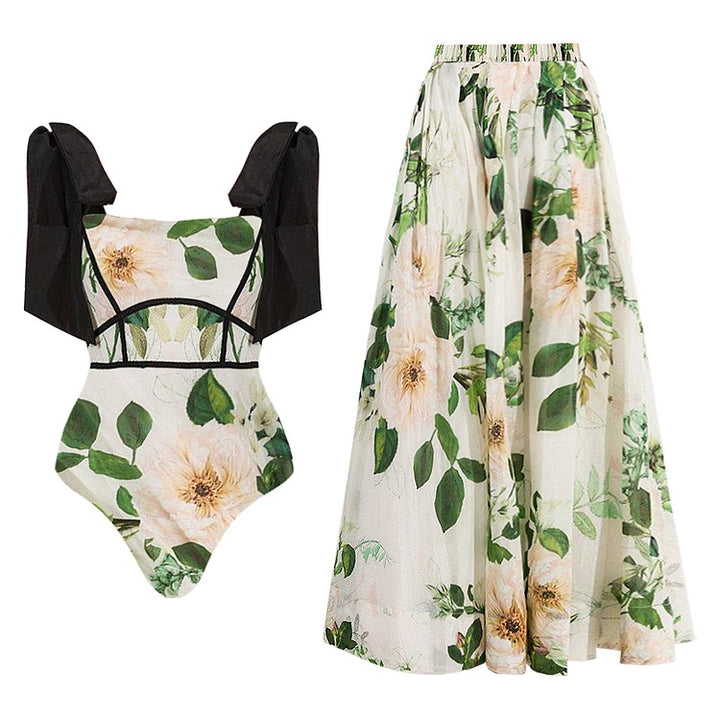 Peony Printed Double Shoulder Straps One Piece Swimsuit and Skirt