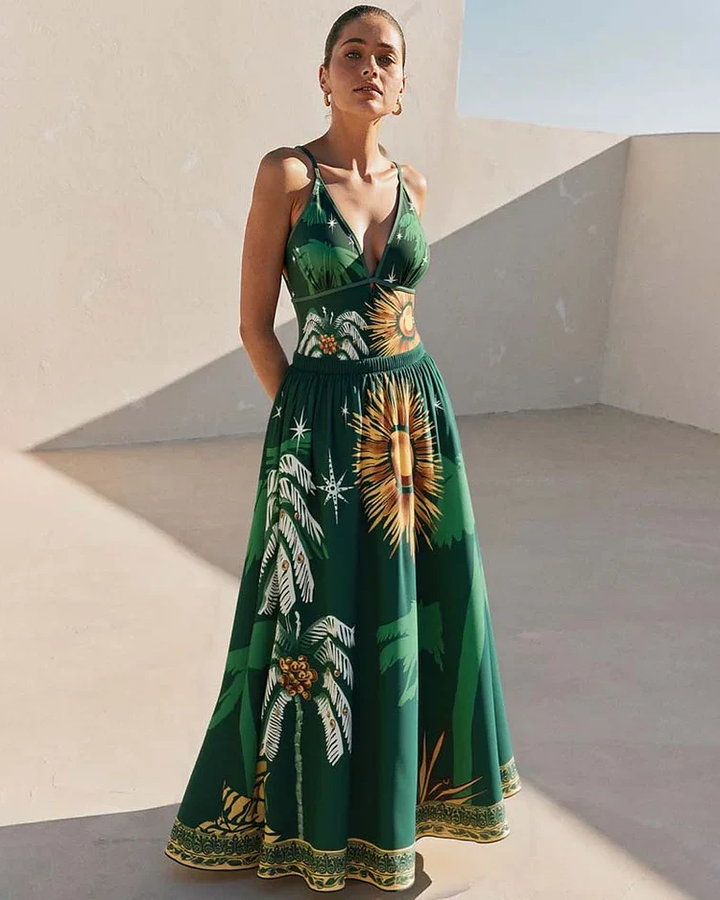 Tropical Green Printed One Piece Swimsuit and Skirt