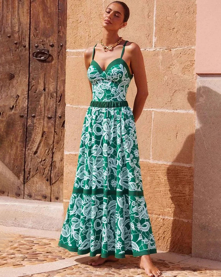 Green Lace Printed One Piece Swimsuit and Skirt