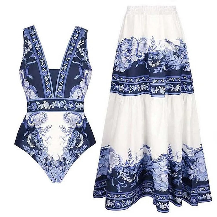 Blue and White Porcelain Print V Neck One Piece Swimsuit and Skirt