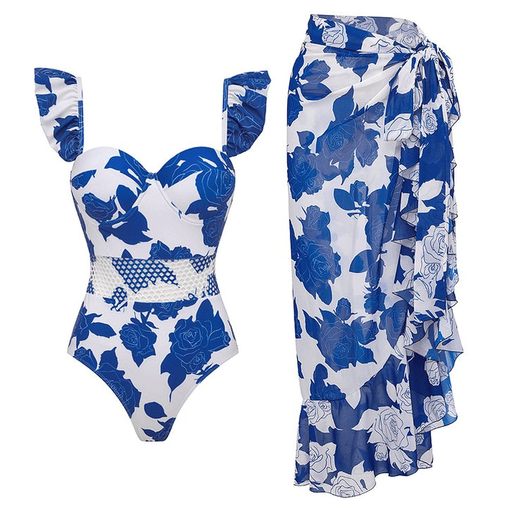 Sling Ruffle Blue Printed One Piece Swimsuit and Sarong
