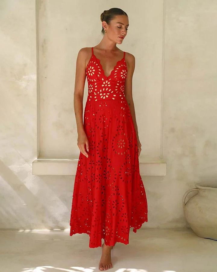 Red Cut-Out Floral Print One-Piece Swimsuit & Long Skirt