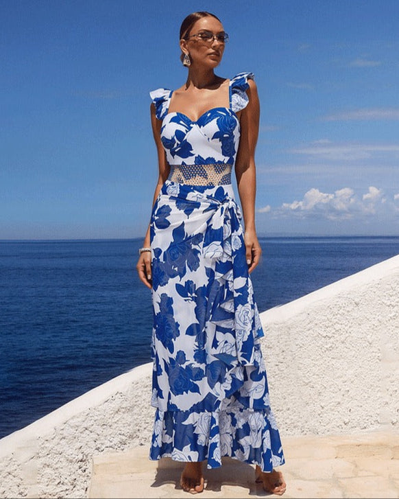 Sling Ruffle Blue Printed One Piece Swimsuit and Sarong