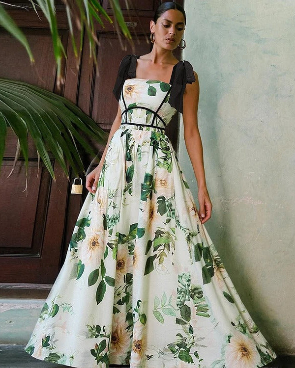Peony Printed Double Shoulder Straps One Piece Swimsuit and Skirt