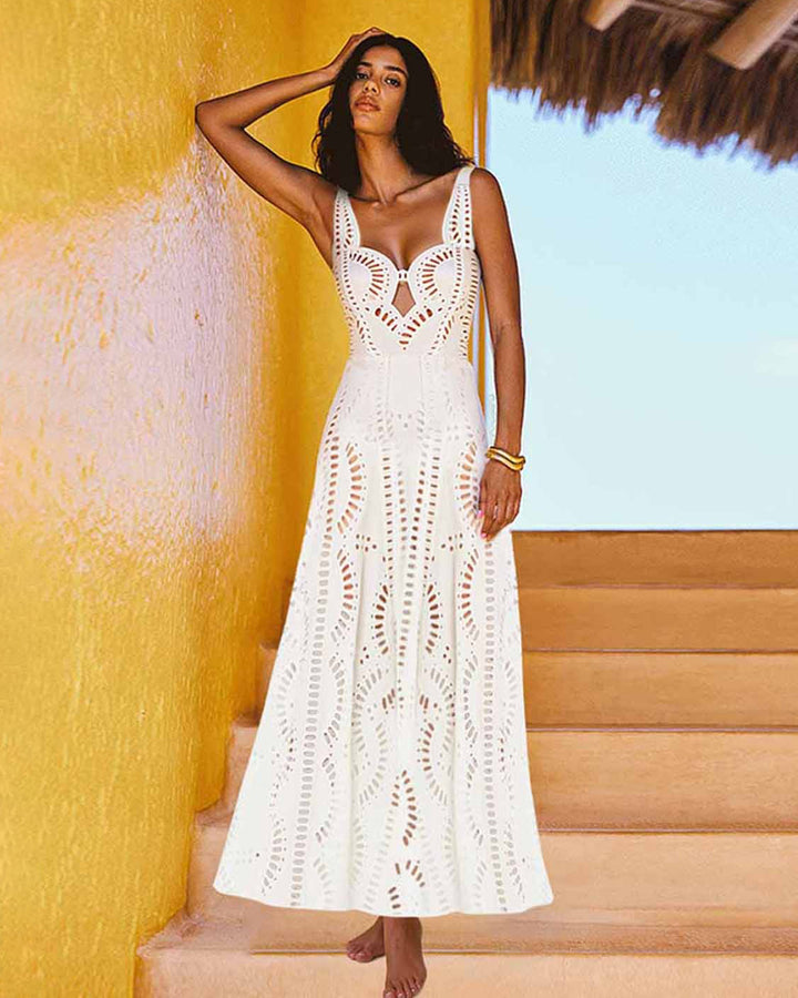 White Hollow One Piece Swimsuit&Long Skirt