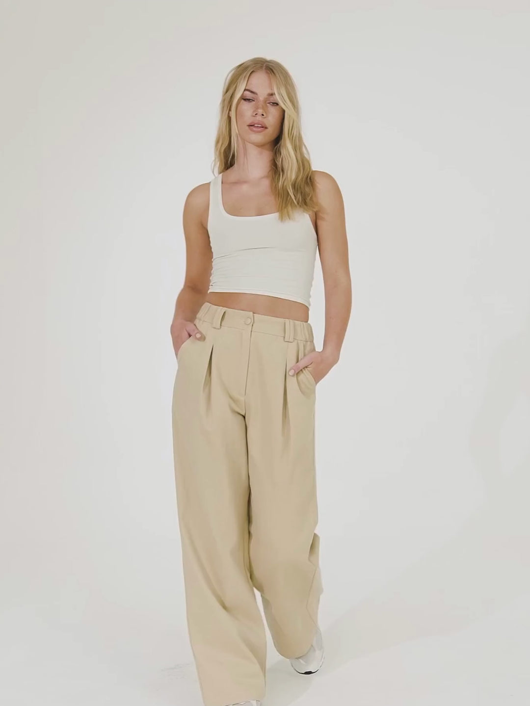 Pleated Wide Leg Trouser Co-ord - Beige