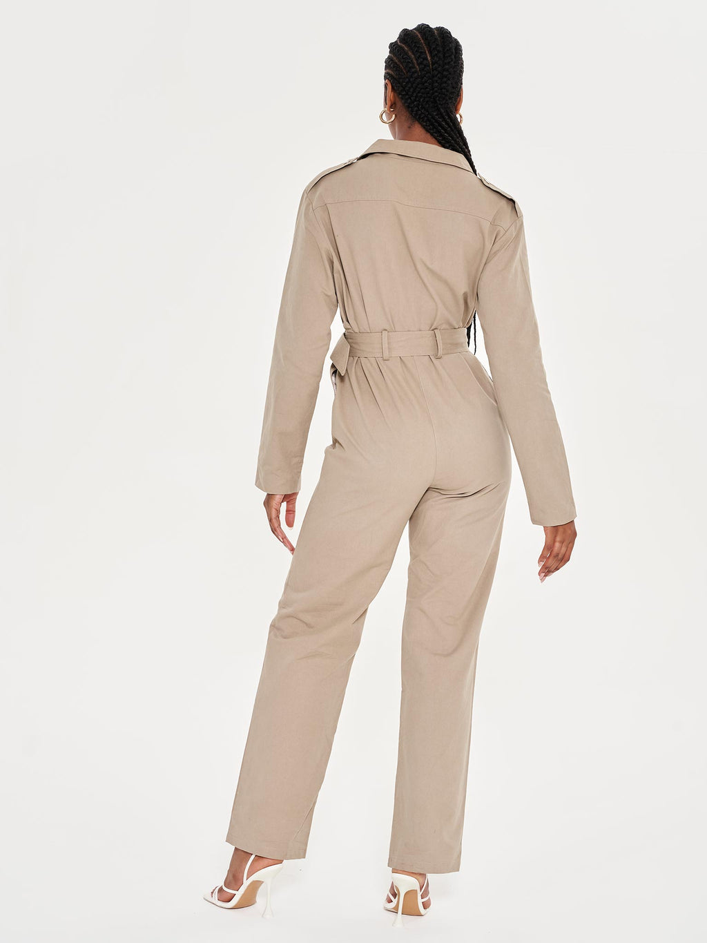 Belted Tailored Jumpsuit with Lapel Detail - Khaki